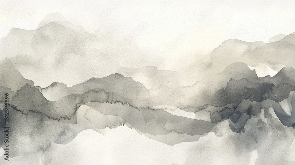 Fototapeta premium Fluid watercolor artwork showcases a serene landscape with soft gradients transitioning between light and dark shades. The flowing lines evoke a sense of calm and tranquility