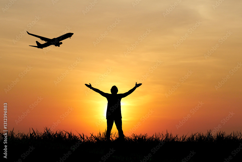 Embracing the Flight: A silhouette of a person stands with arms outstretched towards the sky as an airplane takes off, painted by a warm sunset, a visual testament to aspiration and freedom. Embracing the Flight: A silhouette of a person stands with arms outstretched towards the sky as an airplane takes off, painted by a warm sunset, a visual testament to aspiration and freedom.