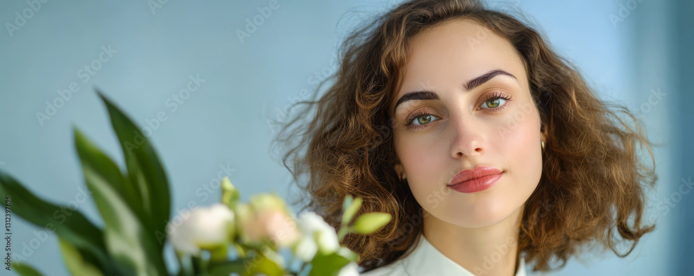 Fototapeta premium Woman with curly hair holding flowers in a soft blue background during daylight