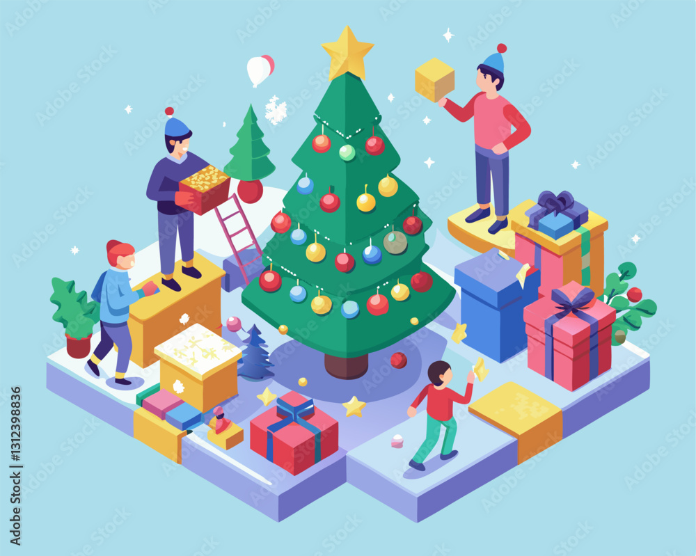 Fototapeta premium People decorating a Christmas tree image. Isometric style. Vector illustration.