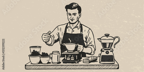 A barista making a coffee monochrome vintage image. Flat vector illustration.