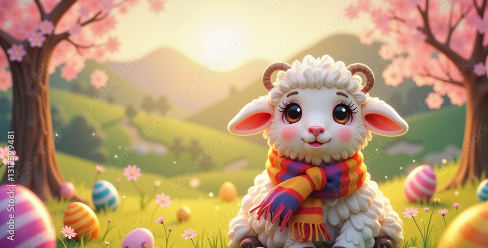 Naklejka premium Charming lamb with colorful scarf in spring countryside, Easter joy