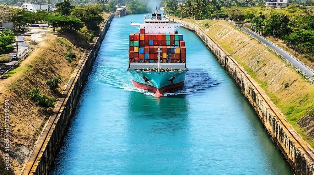 Naklejka premium A container ship navigating through a narrow canal