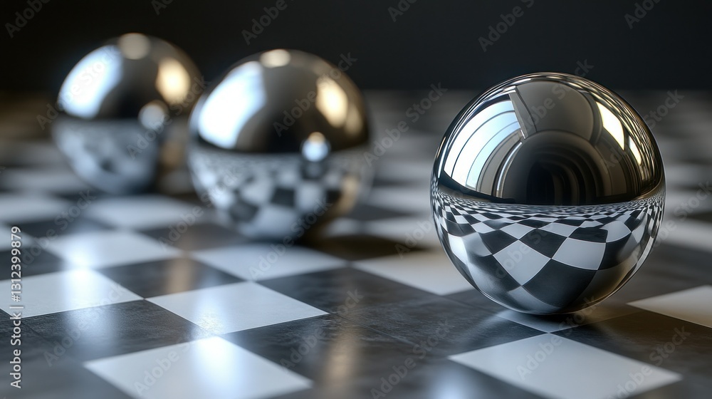 Polished metal spheres on checkered surface Polished metal spheres on checkered surface