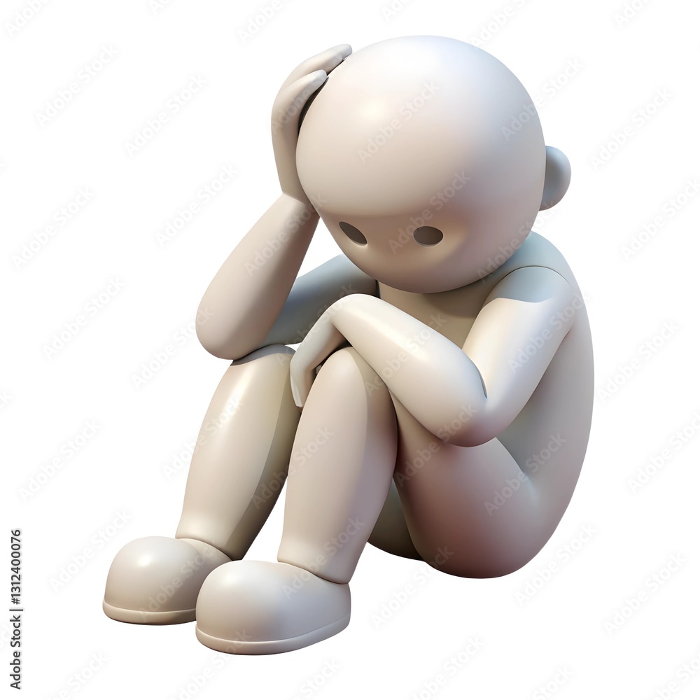 3D Animated Character Sitting with Head Down. Sad 3D Cartoon Character Sitting with Head Lowered. 3D Animated Character Sitting with Head Down. Sad 3D Cartoon Character Sitting with Head Lowered.