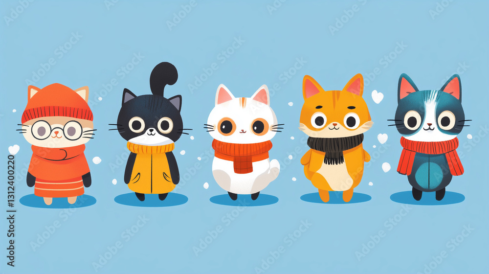 Fototapeta premium Cute cartoon cats and dogs wearing winter sweaters on a blue background for playful pet illustrations