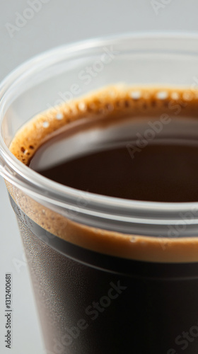 Close-up of dark brown coffee in a plastic cup, showing crema and texture, representing a simple morning beverage, ideal for cafe or coffee shop themes photo