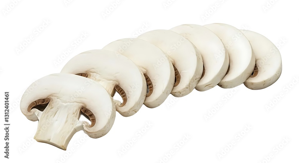 Thinly Sliced White Button Mushrooms Isolated on White Background
Thinly Sliced White Button Mushrooms Isolated on White Background