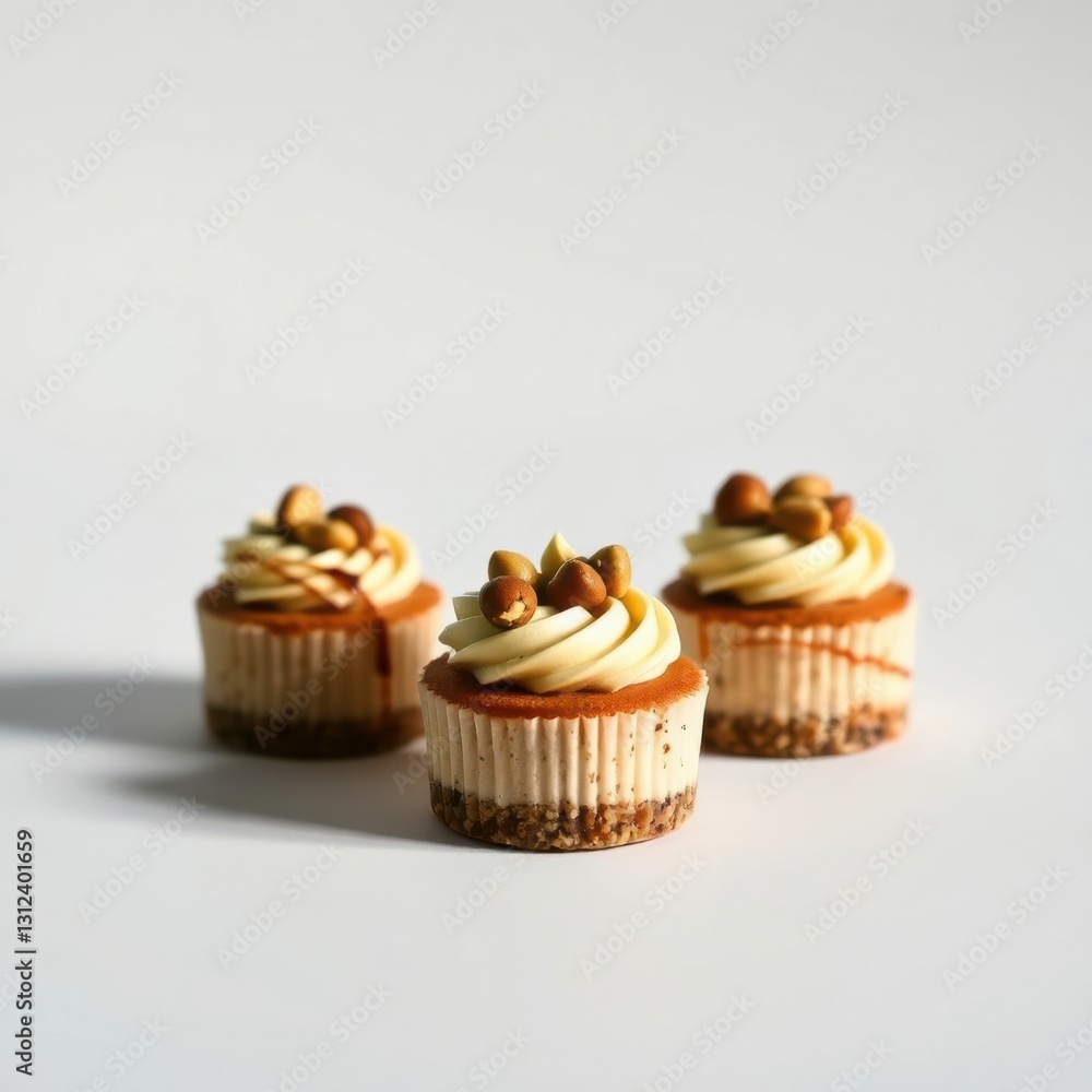 Three small desserts with cream and nut toppings, arranged against a white background, minimal and delicious. Three small desserts with cream and nut toppings, arranged against a white background, minimal and delicious.