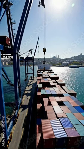 Container ship unloading at busy port under clear blue sky