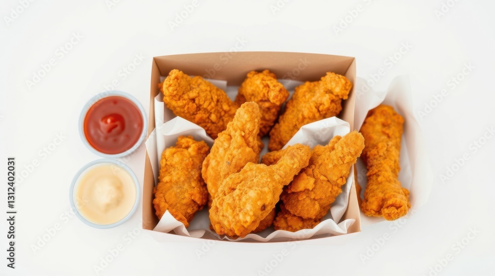 Crispy fried chicken pieces in a takeaway box with dipping sauces, isolated on a clean white surface. Crispy fried chicken pieces in a takeaway box with dipping sauces, isolated on a clean white surface.