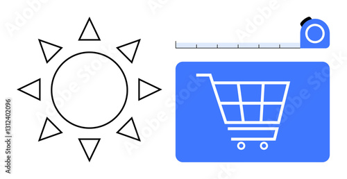 Sun icon, measuring tape, and shopping cart symbolize sustainability, efficiency, eco-friendly shopping, solar energy, innovation, consumer goods and smart measurement. Ideal for green living