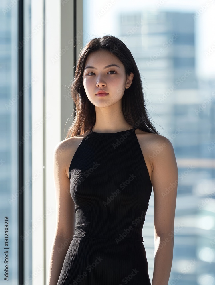 Poised Asian Woman in Natural Light with City Background Poised Asian Woman in Natural Light with City Background