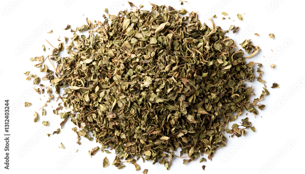 Heap of dried oregano isolated on white, top view Heap of dried oregano isolated on white, top view