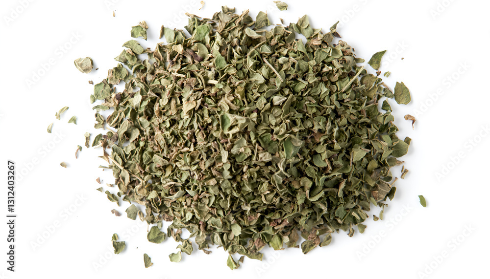 Heap of dried oregano isolated on white, top view Heap of dried oregano isolated on white, top view