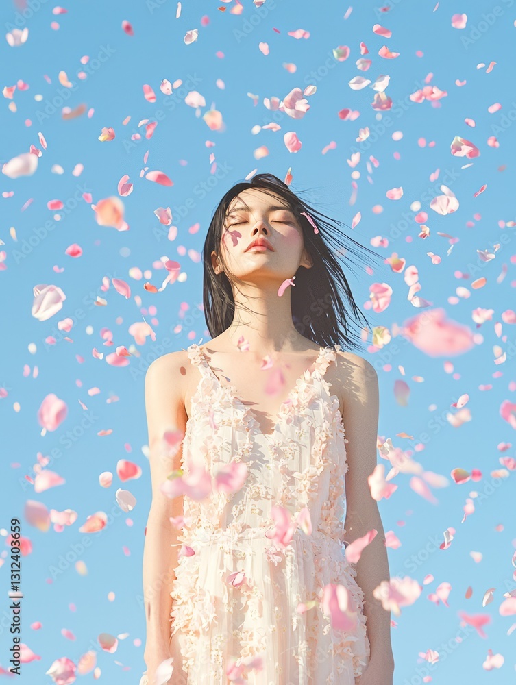 Soft and Serene Full Body Portrait Surrounded by Flower Petals Soft and Serene Full Body Portrait Surrounded by Flower Petals