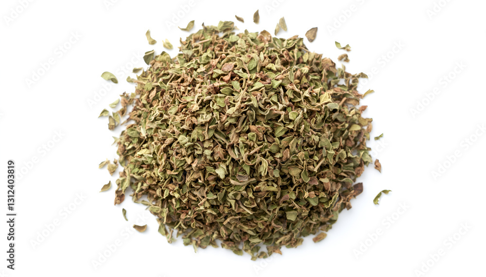 Heap of dried oregano isolated on white, top view Heap of dried oregano isolated on white, top view