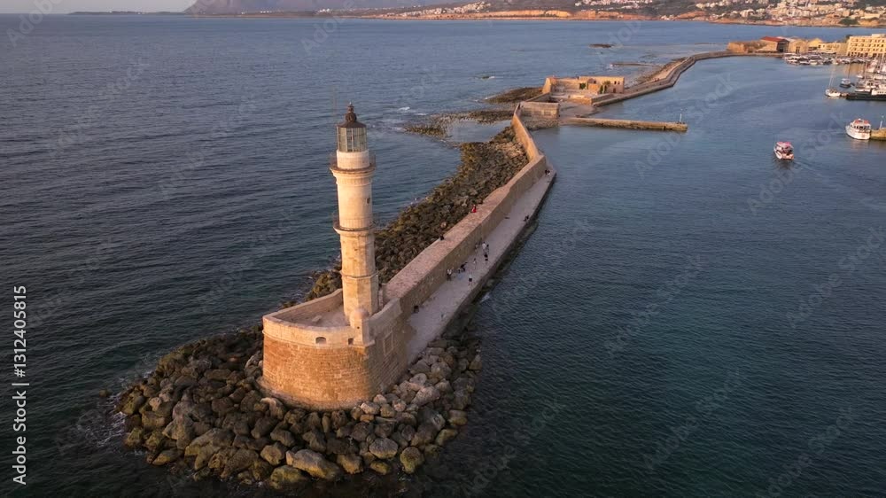 Chania town by night, Lighthouse, Drone shot, Crete, Greece, Aerial view of Chania with the amazing lighthouse, Beautiful Old city, Greece and best scenic places - panorama of picturesque old town Chania town by night, Lighthouse, Drone shot, Crete, Greece, Aerial view of Chania with the amazing lighthouse, Beautiful Old city, Greece and best scenic places - panorama of picturesque old town