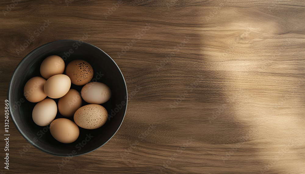 Raw eggs in a bowl on a wooden table, closed. Space for text Raw eggs in a bowl on a wooden table, closed. Space for text