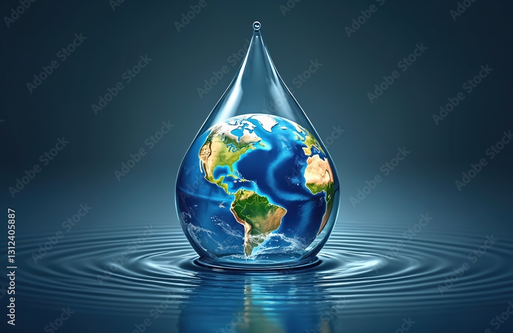 Fototapeta premium World water day concept image. Globe in shape of water drop. Saving water, environmental protection concept. Blue droplet planet earth care background. Ecology, nature, ocean. Generative AI.