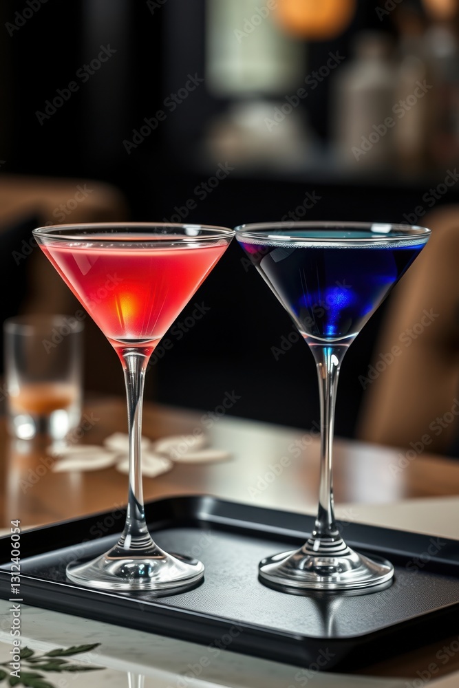 Vibrant cocktails: one red, one blue, beautifully presented on a sleek, dark serving tray. Vibrant cocktails: one red, one blue, beautifully presented on a sleek, dark serving tray.