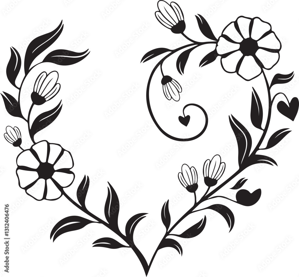 Obraz premium Heart-Shaped Floral Designs Featuring Black and White Patterns