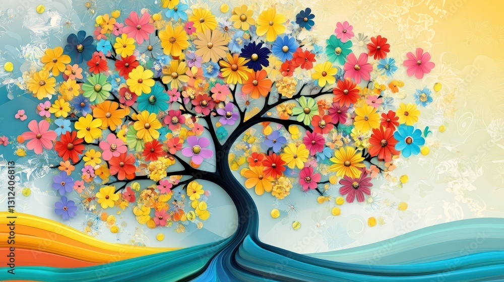 Fototapeta premium A vibrant colorful tree adorned with many beautiful flowers