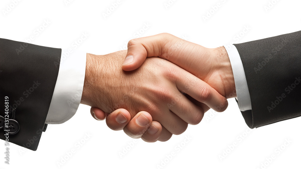 Two hands shaking each other on a transparent background. The hands belong to two men in business suits. Two hands shaking each other on a transparent background. The hands belong to two men in business suits.