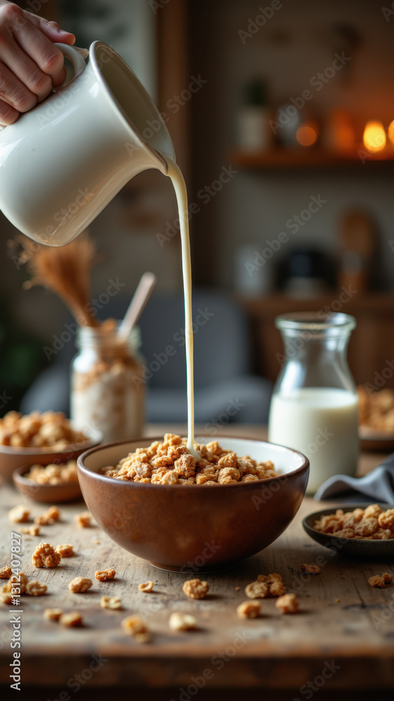 Pouring milk into a bowl of cereal on a rustic wooden table with various breakfast items. Pouring milk into a bowl of cereal on a rustic wooden table with various breakfast items.