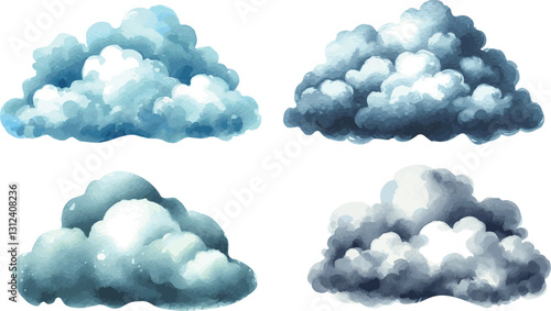Collection of Watercolor vector illustrationa of fluffy clouds