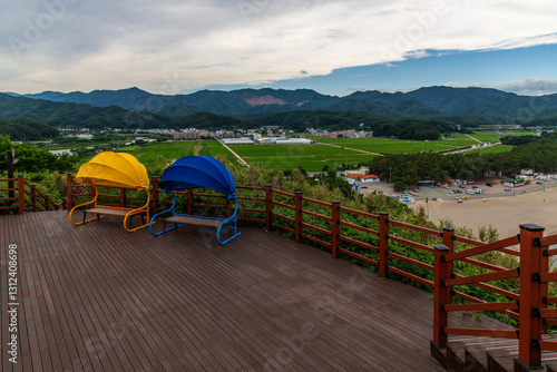colorful benches and wooden floor at the observatory