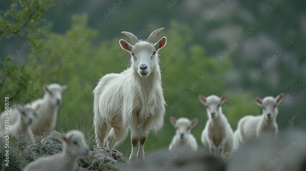 Obraz premium White Goat and Flock in Mountainous Landscape