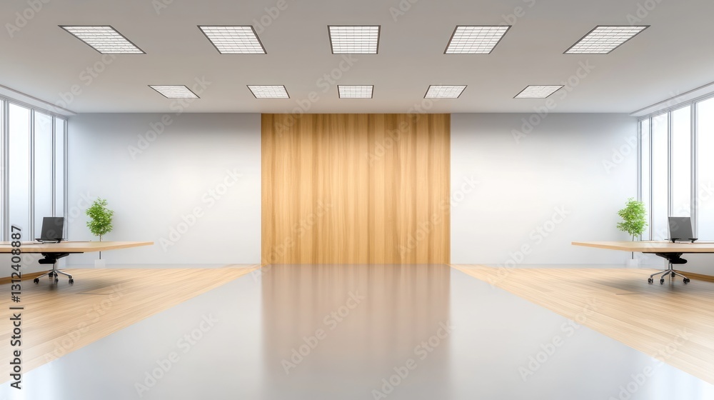 Obraz premium Modern Office Interior Design: Minimalist Workspace with Wooden Accents and Natural Light
