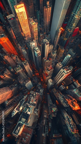 Vertical cityscape showcasing modern skyscrapers with gleaming glass windows