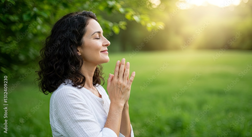 Woman Meditating Outdoors in Sunlight, Finding Peace and Calm in Nature Woman Meditating Outdoors in Sunlight, Finding Peace and Calm in Nature
