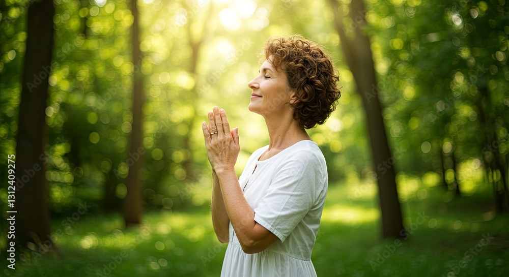 Woman Praying in Forest Seeking Peace and Spirituality in Nature Woman Praying in Forest Seeking Peace and Spirituality in Nature