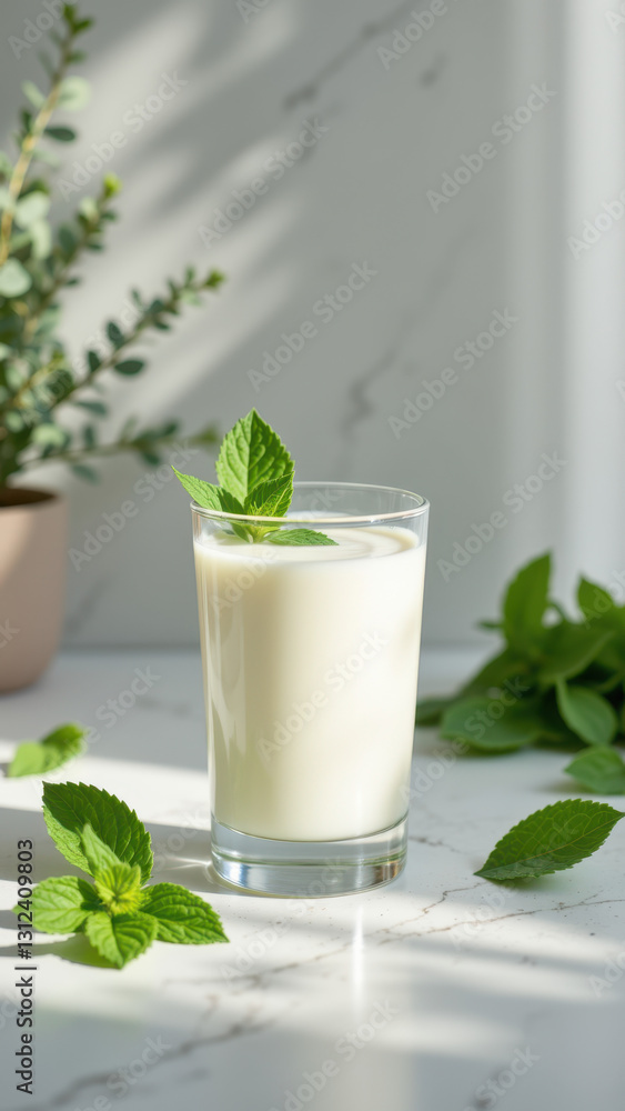 Clear glass filled with frothy white liquid, possibly milk or cream, placed on a marbled surface with green leaf accents. A2A2-themed photo featuring a beverage and natural elements. Clear glass filled with frothy white liquid, possibly milk or cream, placed on a marbled surface with green leaf accents. A2A2-themed photo featuring a beverage and natural elements.