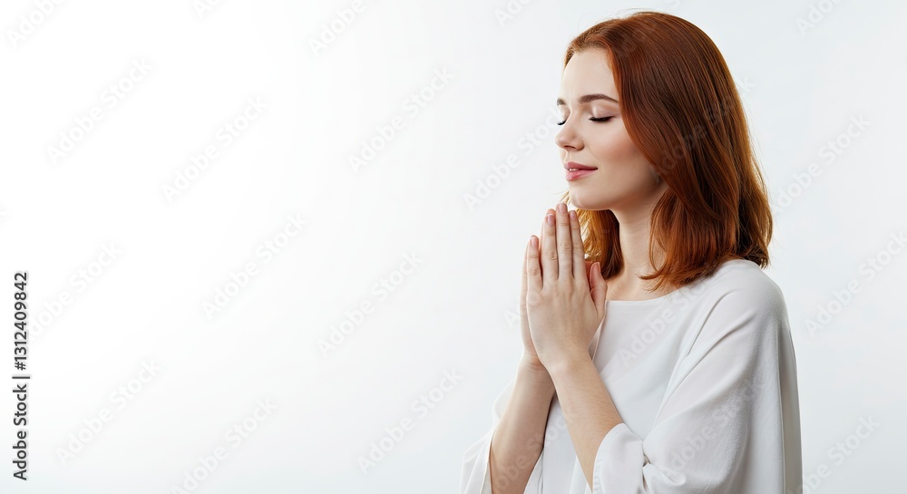 Redhead Woman Praying with Hands Clasped Eyes Closed in Contemplation Redhead Woman Praying with Hands Clasped Eyes Closed in Contemplation