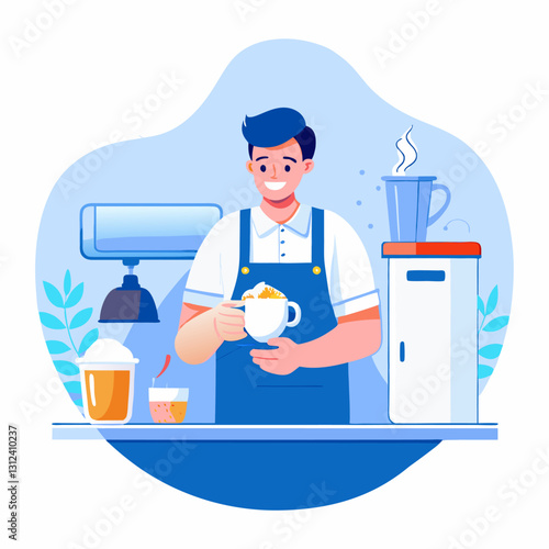 A barista making a coffee. Cartoon vector illustration on white background.