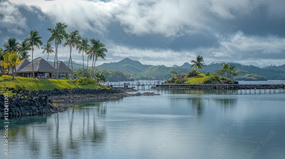 Tropical lagoon harbor with thatched huts and palm trees Tropical lagoon harbor with thatched huts and palm trees