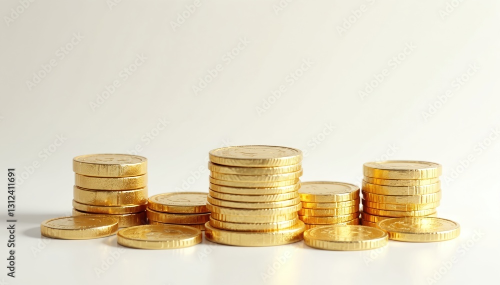 Illustration of set of gold coins in stacks on plain white background. Metallic money, currency, wealth, investment, earnings concept. Shiny golden surface, texture, blank commercial design. Illustration of set of gold coins in stacks on plain white background. Metallic money, currency, wealth, investment, earnings concept. Shiny golden surface, texture, blank commercial design.