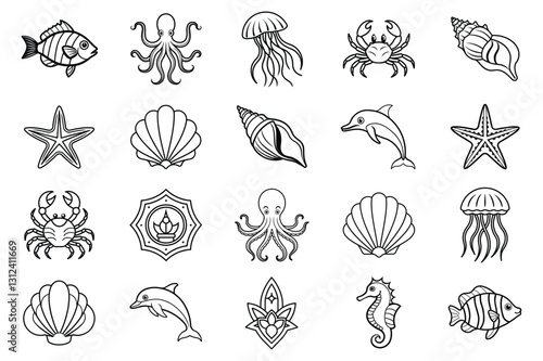 Set of hand drawn sea fish line art vector illustration on white background.