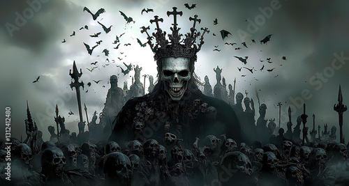 Features a hooded Grim Reaper with a skull skeleton and undead dark fantasy theme. Dark Crowned Skeleton with Bats and Skulls in Foreboding Scene
