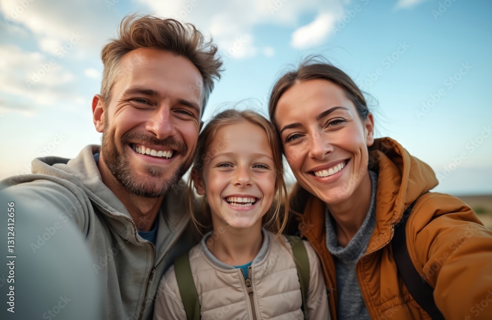 Family selfie. Smiling man, woman, child daughter enjoy outdoor travel. Happy faces, casual lifestyle, positive emotion. Father, mother, kid bonding together. Cheerful parents, girl on trip. Family