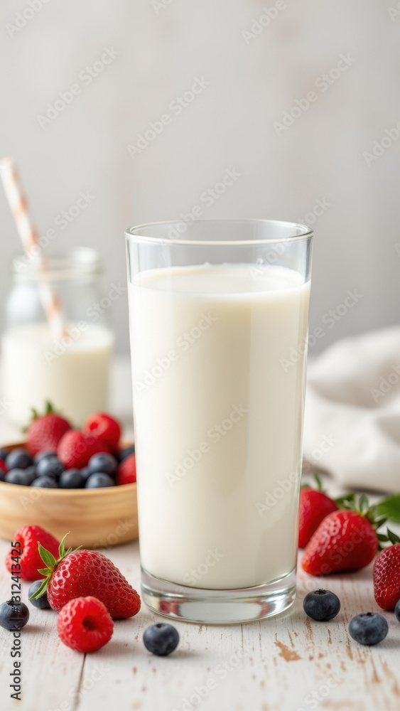 Fresh glass of milk with a spoon and berries on the side. Fresh glass of milk with a spoon and berries on the side.