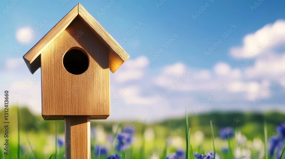 A wooden birdhouse stands amidst vibrant flower under a clear blue sky in a serene landscape A wooden birdhouse stands amidst vibrant flower under a clear blue sky in a serene landscape