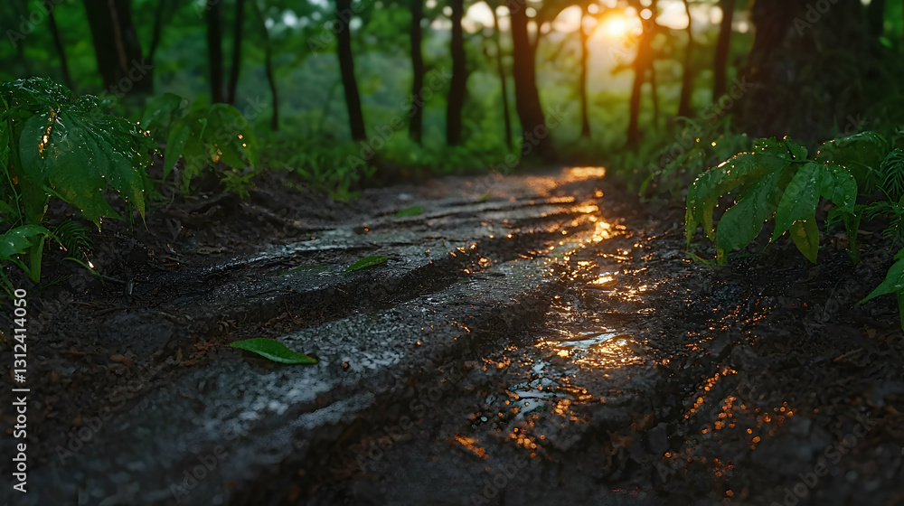 Obraz premium A muddy forest pathway reflecting sunlight after a rain shower