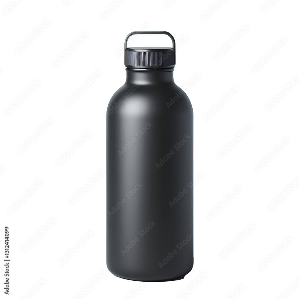 Matte black water bottle with a minimalist design.isolated on white background Matte black water bottle with a minimalist design.isolated on white background