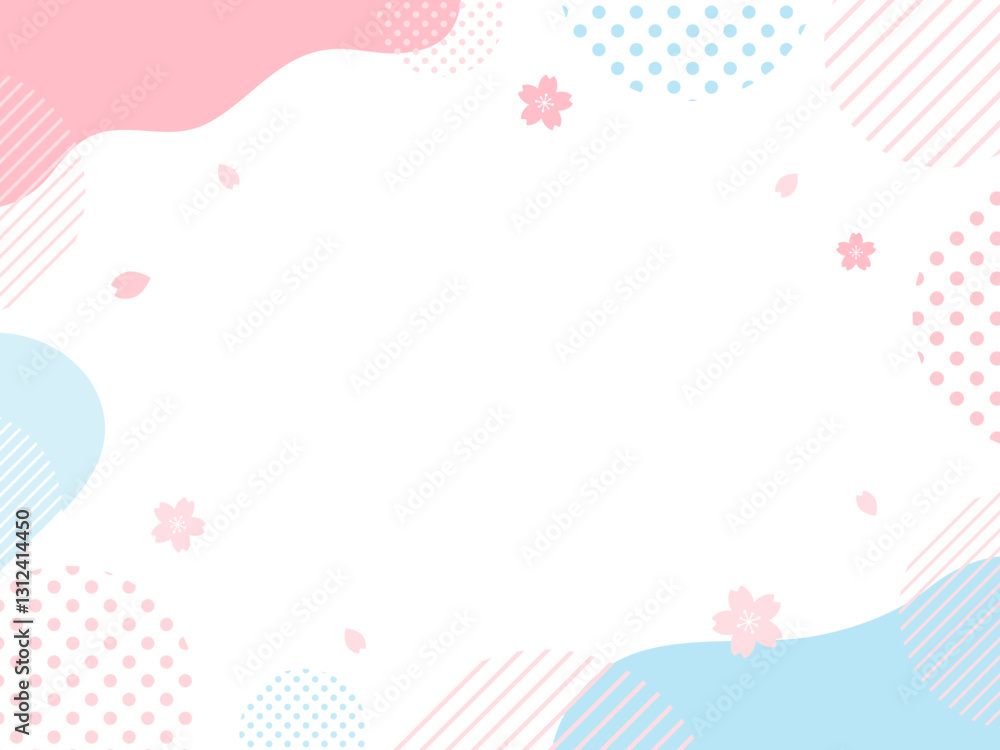 春　桜　ピンクと水色の　ポップ なウェーブのフレーム・背景	