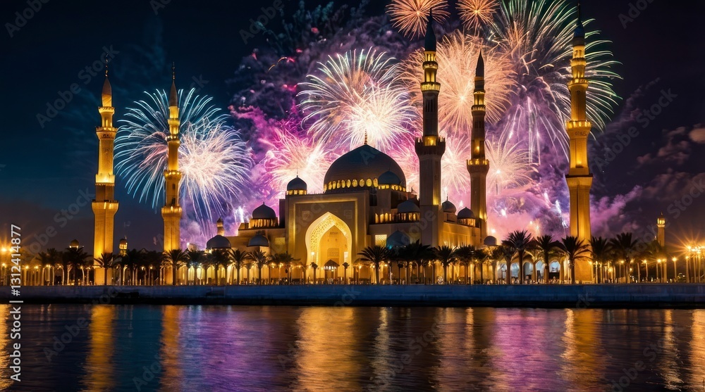 Naklejka premium Stunning Fireworks Over Grand Mosque at Night